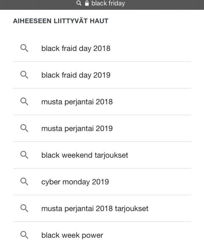 Googlen hakutermisuositukset termillä "Black Friday"