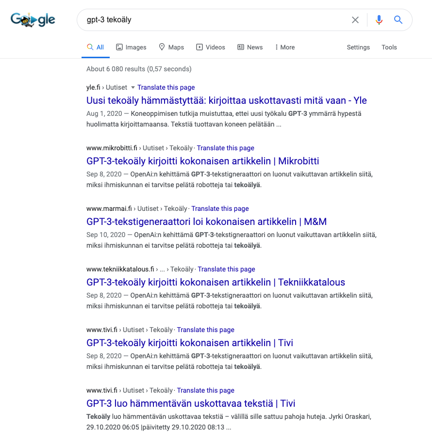 GPT-3 tekoäly suomenkielisessä Googlessa.